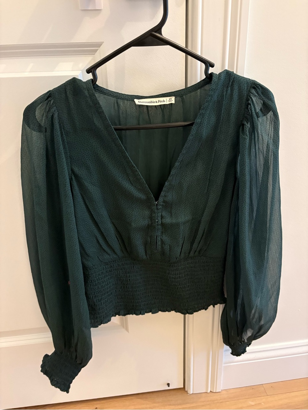 Abercrombie & Fitch green V-Neck Sheer Puff Sleeve Blouse